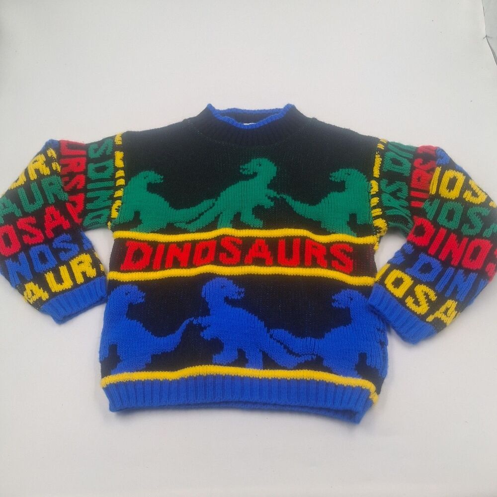 Vintage Colorful Dinosaur Sweater Boys 3T  Primary Colors Made In USA
